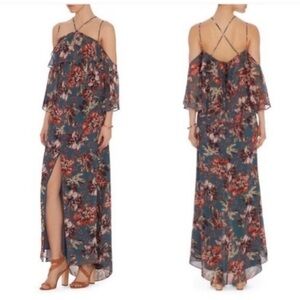 INTERMIX Aubrey Floral Print Cold-Shoulder Silk Maxi Dress Size P